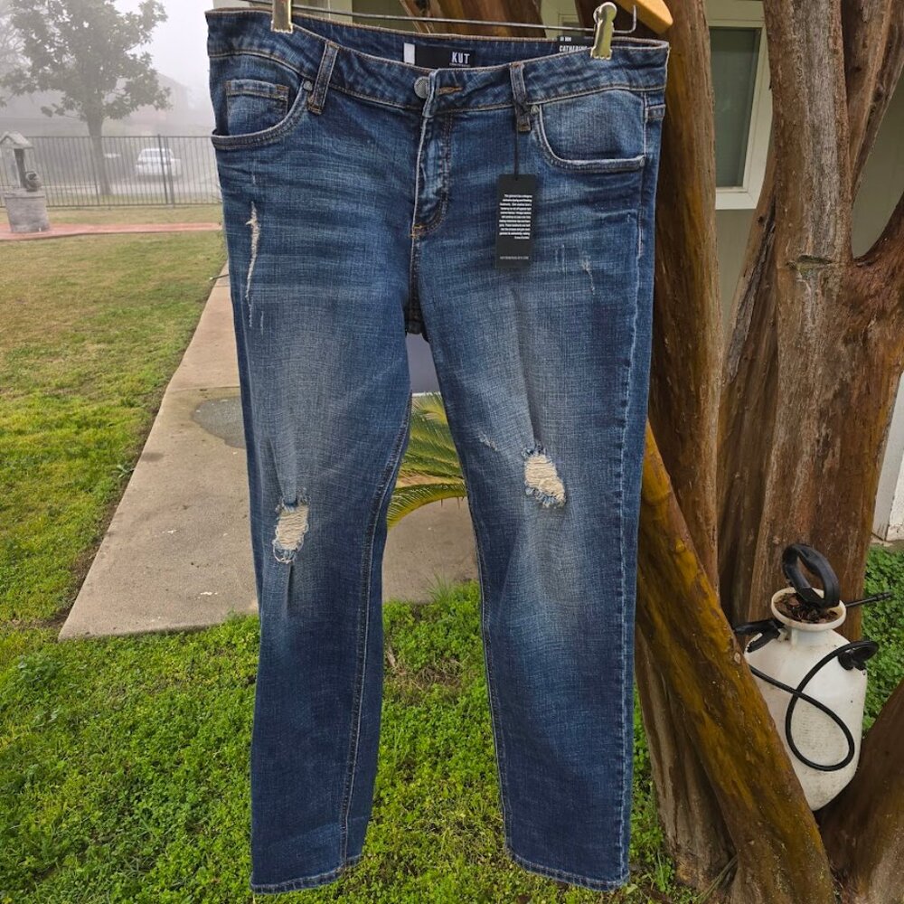 Kut From Kloth -The  Catherine Boyfriend Jeans distressed dark blue  size 12 NWT